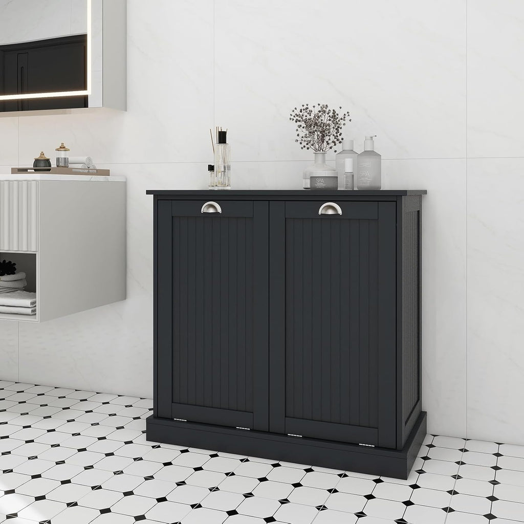 Tilt Out Laundry Hamper Cabinet with Removable Basket, Double Hidden Laundry Hamper Cabinet, Wood Bathroom Storage Cabinet, Free Standing Home Organizer, (Black)