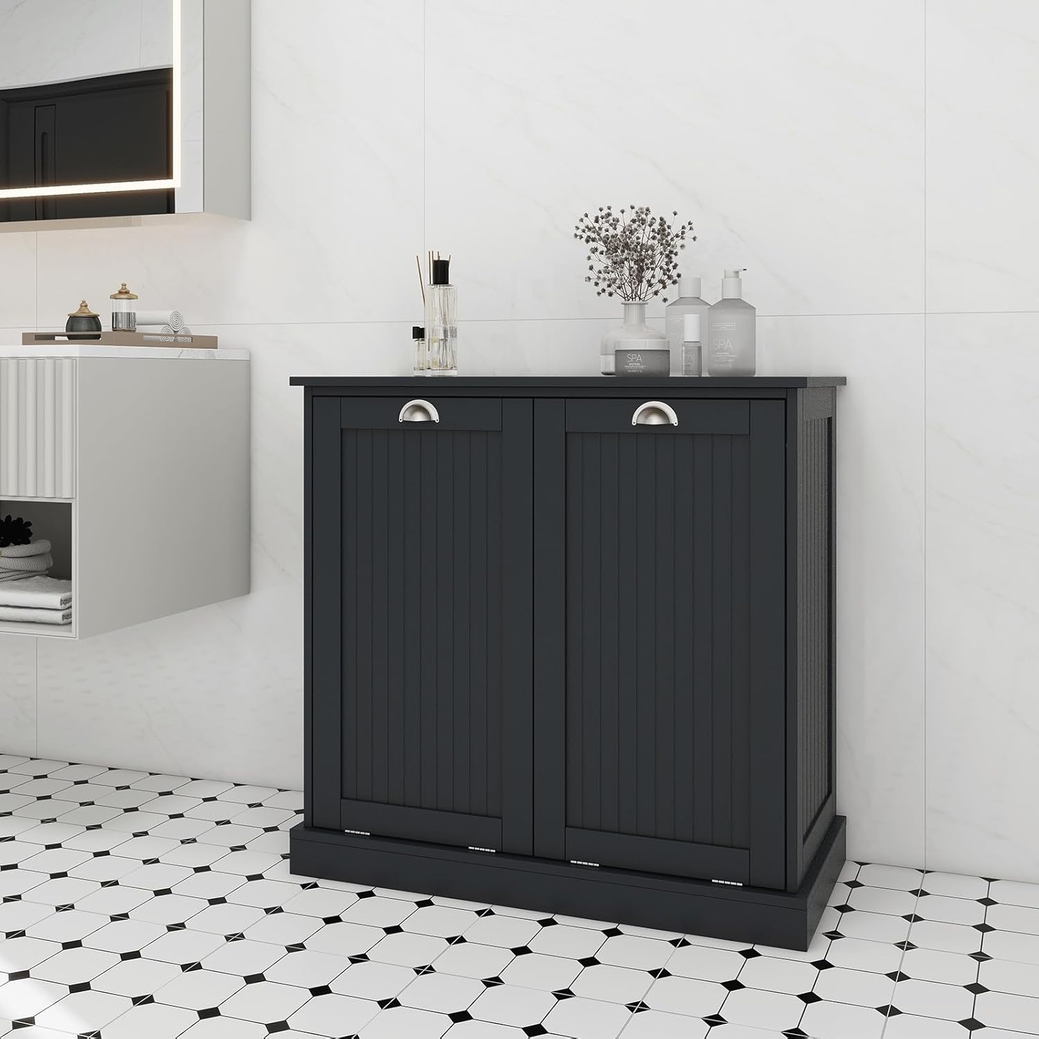 Tilt Out Laundry Hamper Cabinet with Removable Basket, Double Hidden Laundry Hamper Cabinet, Wood Bathroom Storage Cabinet, Free Standing Home Organizer, (Black)