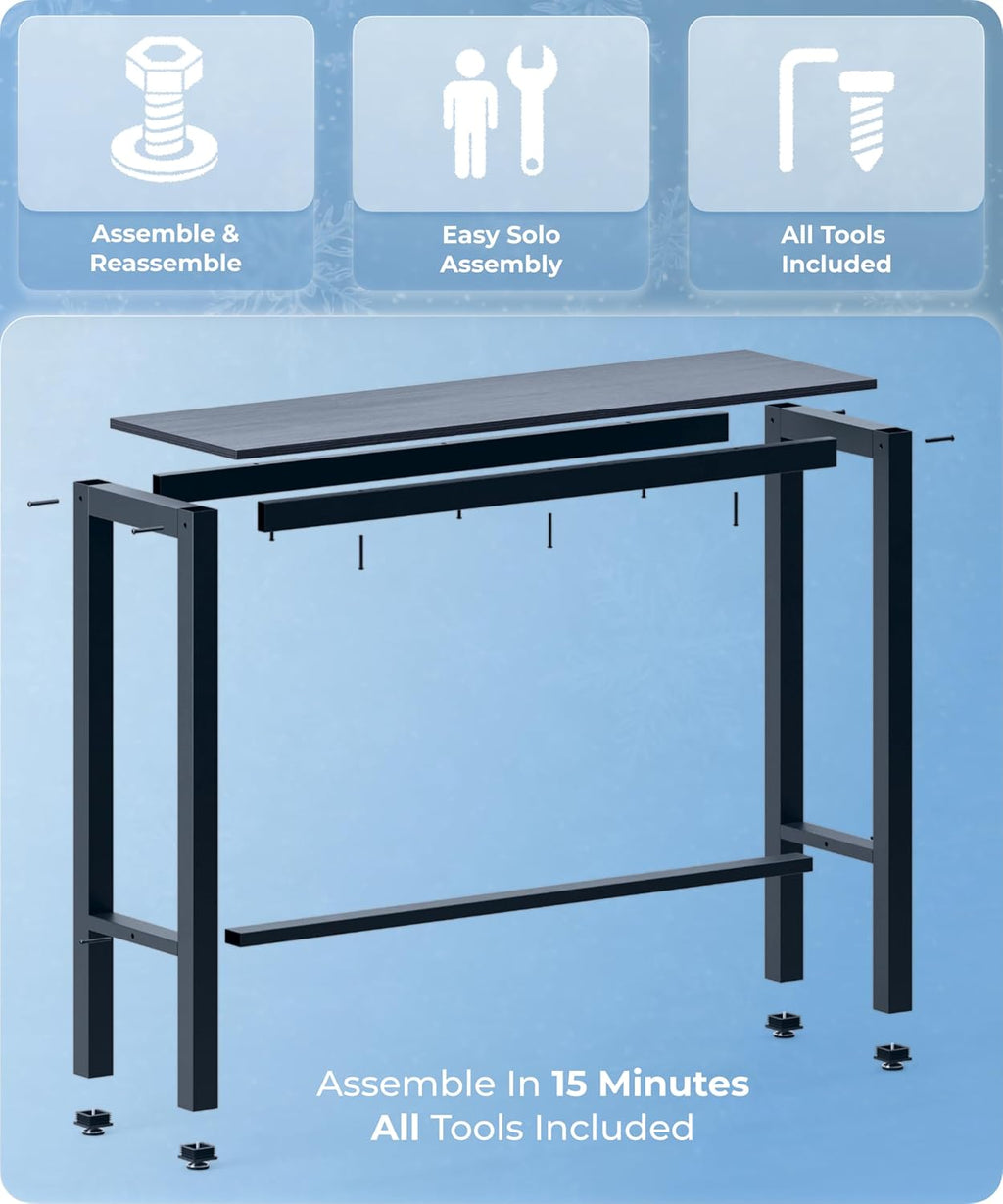 51 Inch Bar Table, Bar Height Pub Table, Water-Resistant Counter Height Table, Rectangular High Top for Kitchen & Dining Living Room, Black Metal Frame & Easy to Set Up, Black