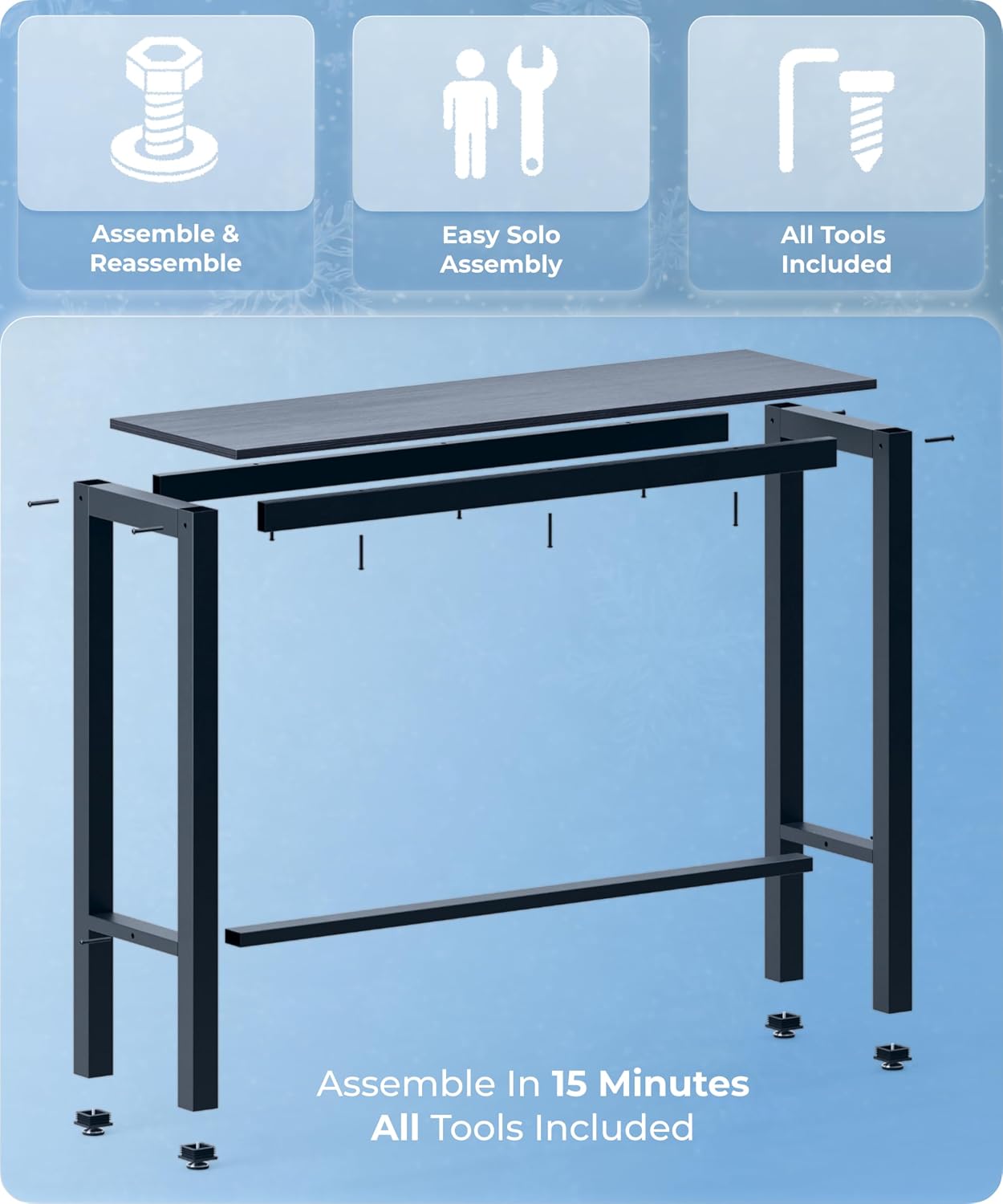 51 Inch Bar Table, Bar Height Pub Table, Water-Resistant Counter Height Table, Rectangular High Top for Kitchen & Dining Living Room, Black Metal Frame & Easy to Set Up, Black
