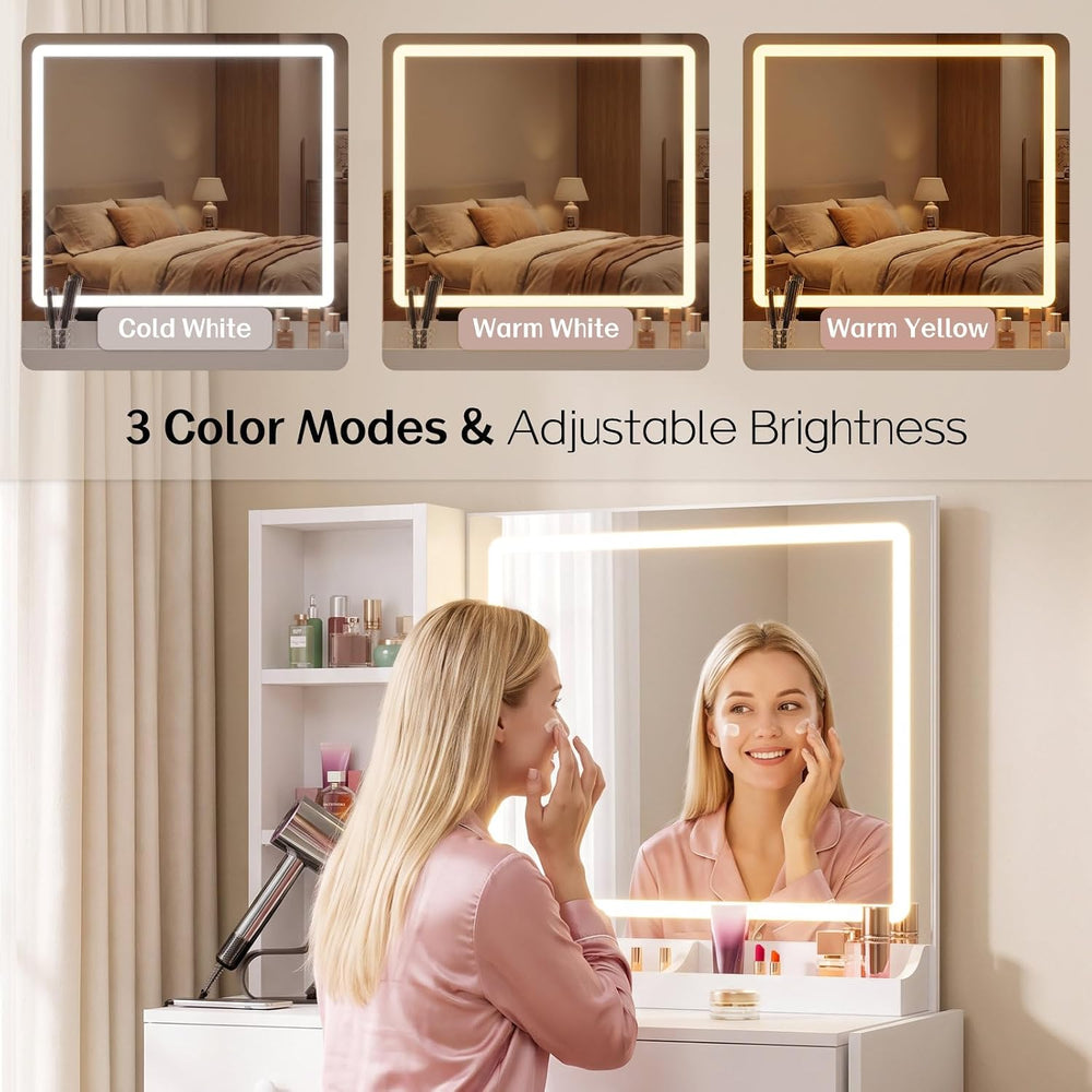 Haewon Vanity Desk Set with Lighted Mirror and Chair, White | Makeup Table wi...