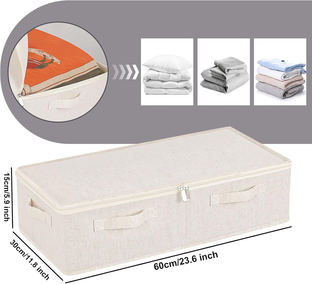 Underbed Storage Box Organizer, Foldable Under Bed Clothes Bags Container, Flat Bins with Lid for Organizing Clothes, Sheets, Blankets, Comforter, 23.6x11.8x5.9in, Beige, 3 Pack