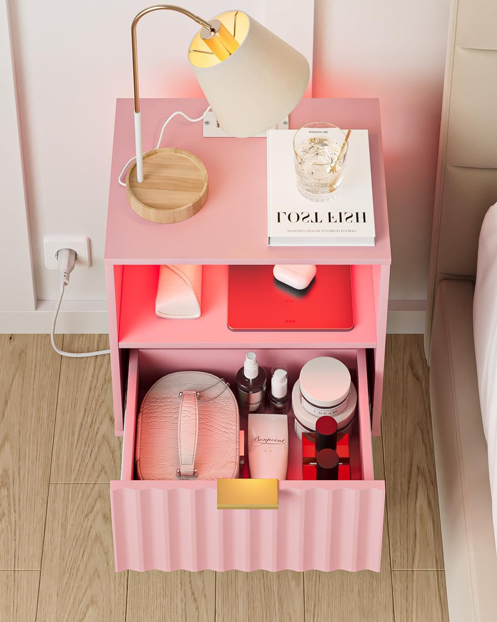 Nightstand with Charging Station and LED Lights, Modern Pink Bedside Table wi...