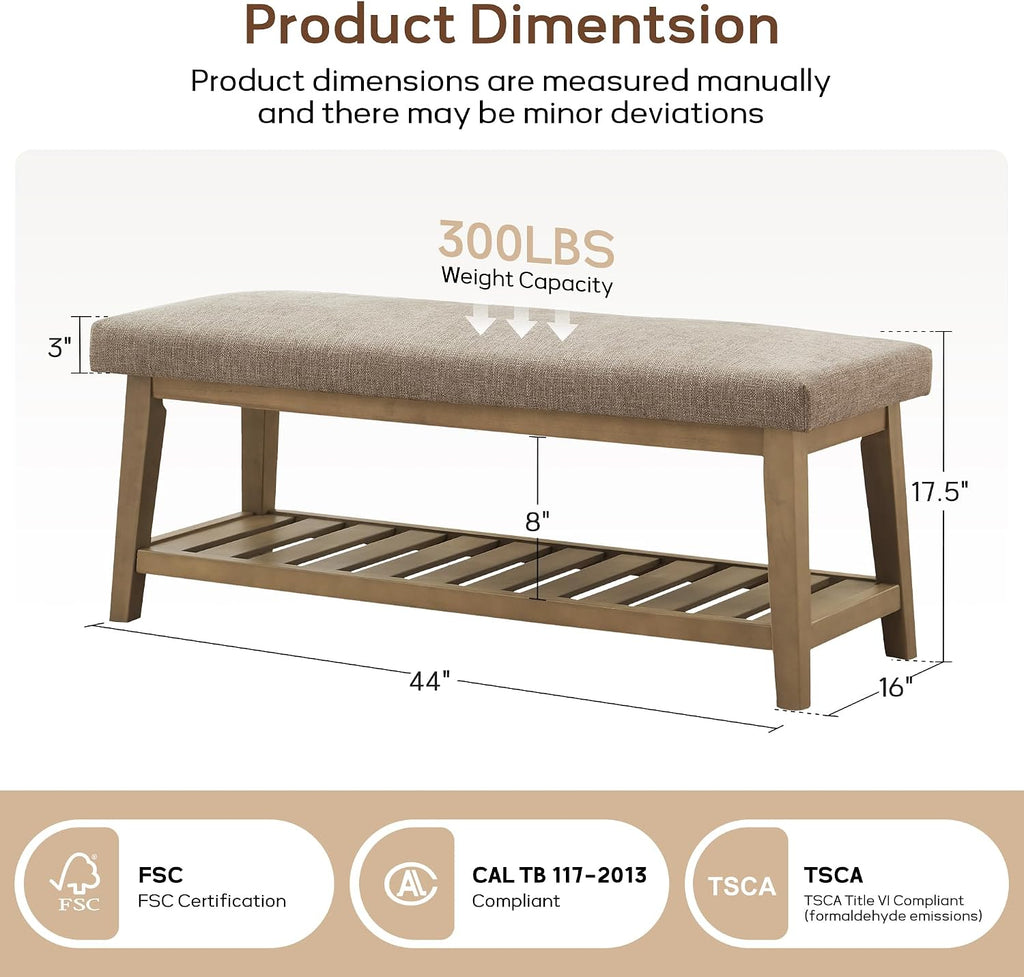 Entryway Bench with Cushion, Upholstered Shoe Rack Bench with Solid Wood Shelf, 44" End of Bed Bench for Bedroom, Chenille Fabric Storage Bench for Entryway, Hallway, Living Room (Brown)