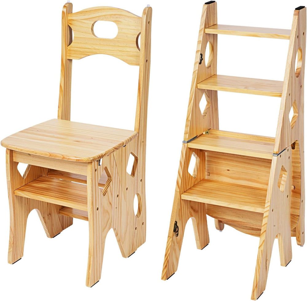 4 Step Foot Stool Chair 3 in 1 Wooden Library Ladder Solid Folding Portable W...