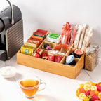 Tea Bag Organizer - Bamboo Tea Storage Organizer With 12 Compartments, 1 Layer Tea Organizer for Tea Bags Natural Bamboo for Countertop Office Kitchen Cabinet Pantry