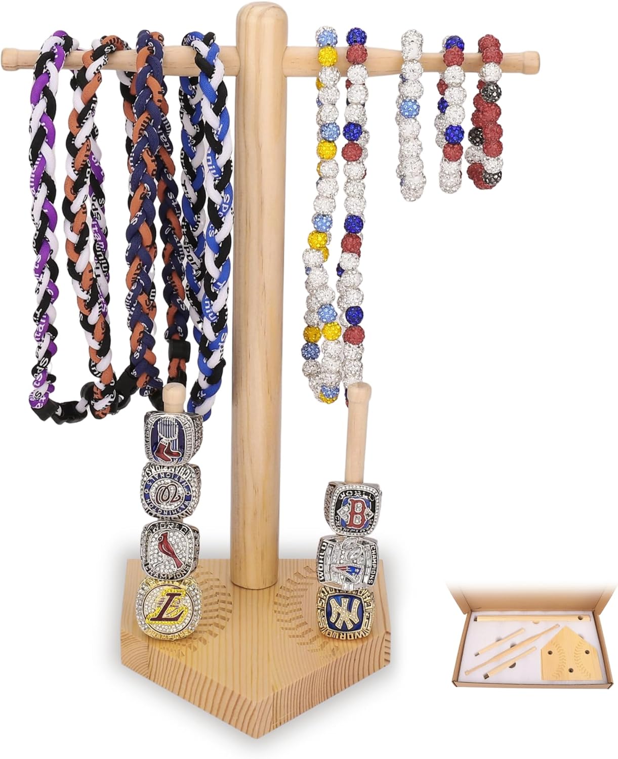 Baseball Ring Display Holder for Championship Rings, Wooden Sports Jewelry Organizer with Bat Stand for Baseball Softball Players, Athlete Gift Display Case for Rings Bracelets Medals, wood color