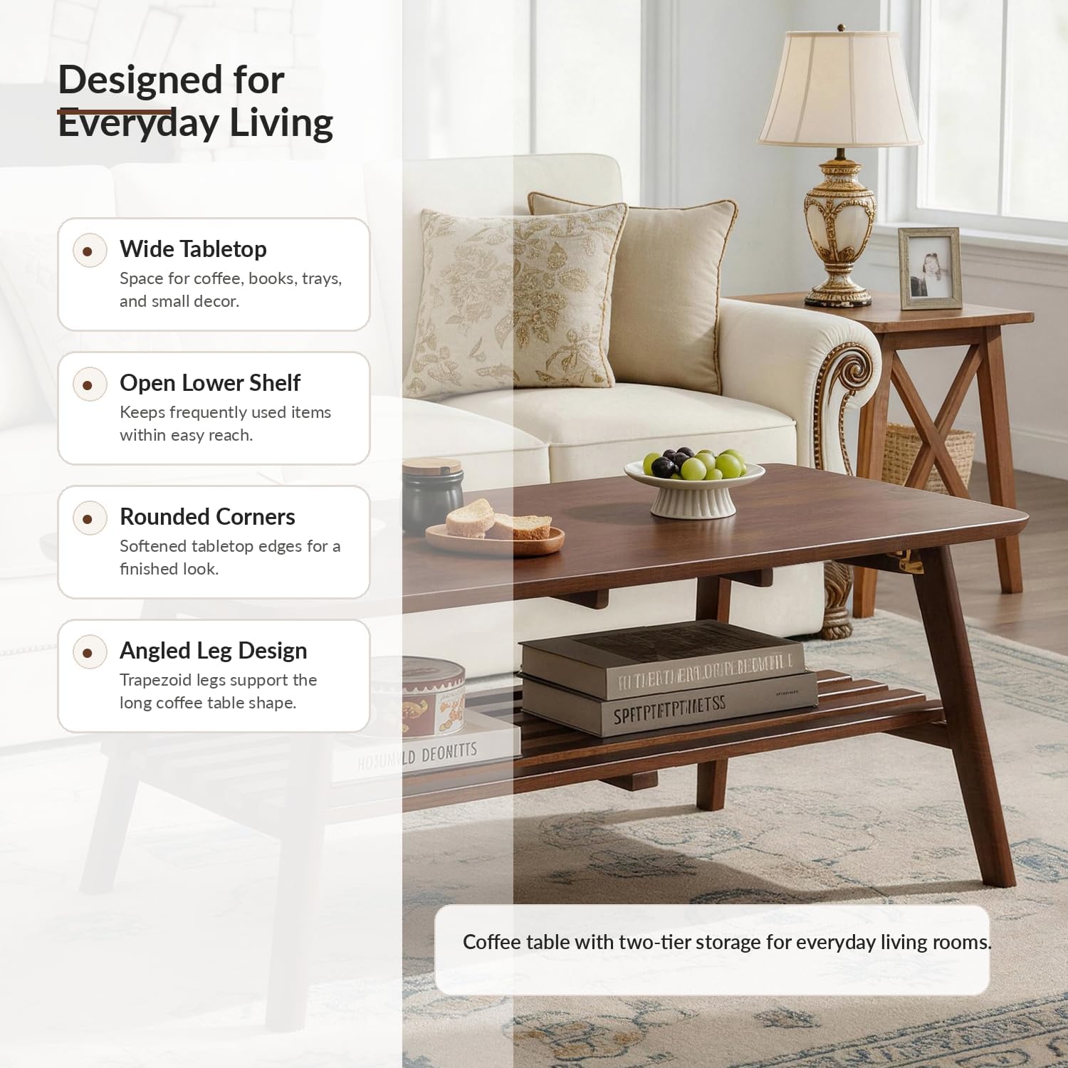 Foldable Coffee Table with Storage Shelf, Walnut Wood 47"