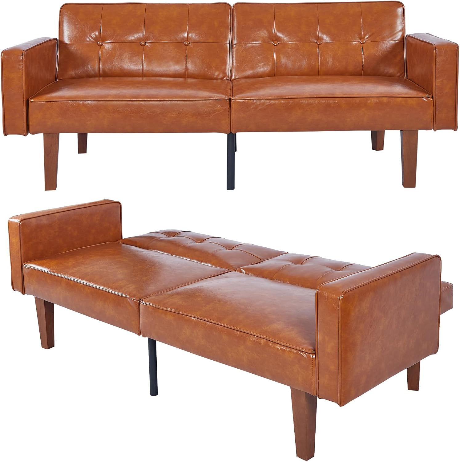 PU Leather Brown Futon Sofa Bed with Split Back,Mid Century Modern Convertible Sleeper Couch Beds,68.11" Tufted Loveseat Futons for Living Room RV, Small Spaces