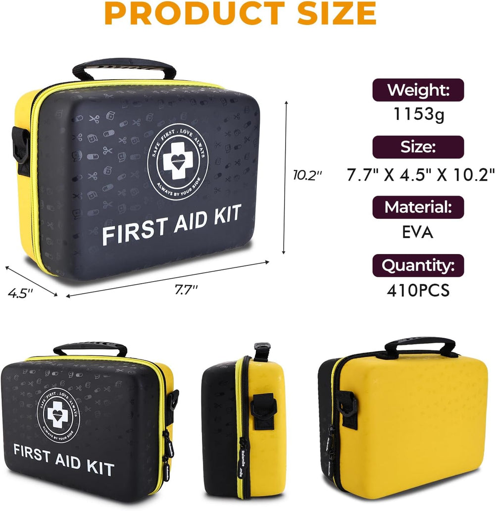 Emergency First Aid Kit 410 PCS – Hard Shell Dual-Color Survival Kit with Glo...