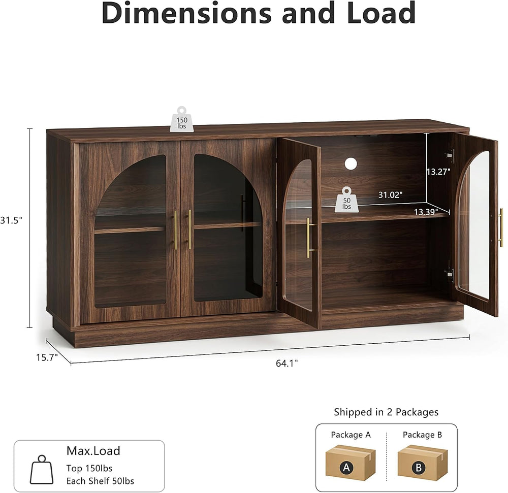 FORTUNETEC 64" Sideboard Buffet Cabinet with Arched Glass Doors,Dark Walnut