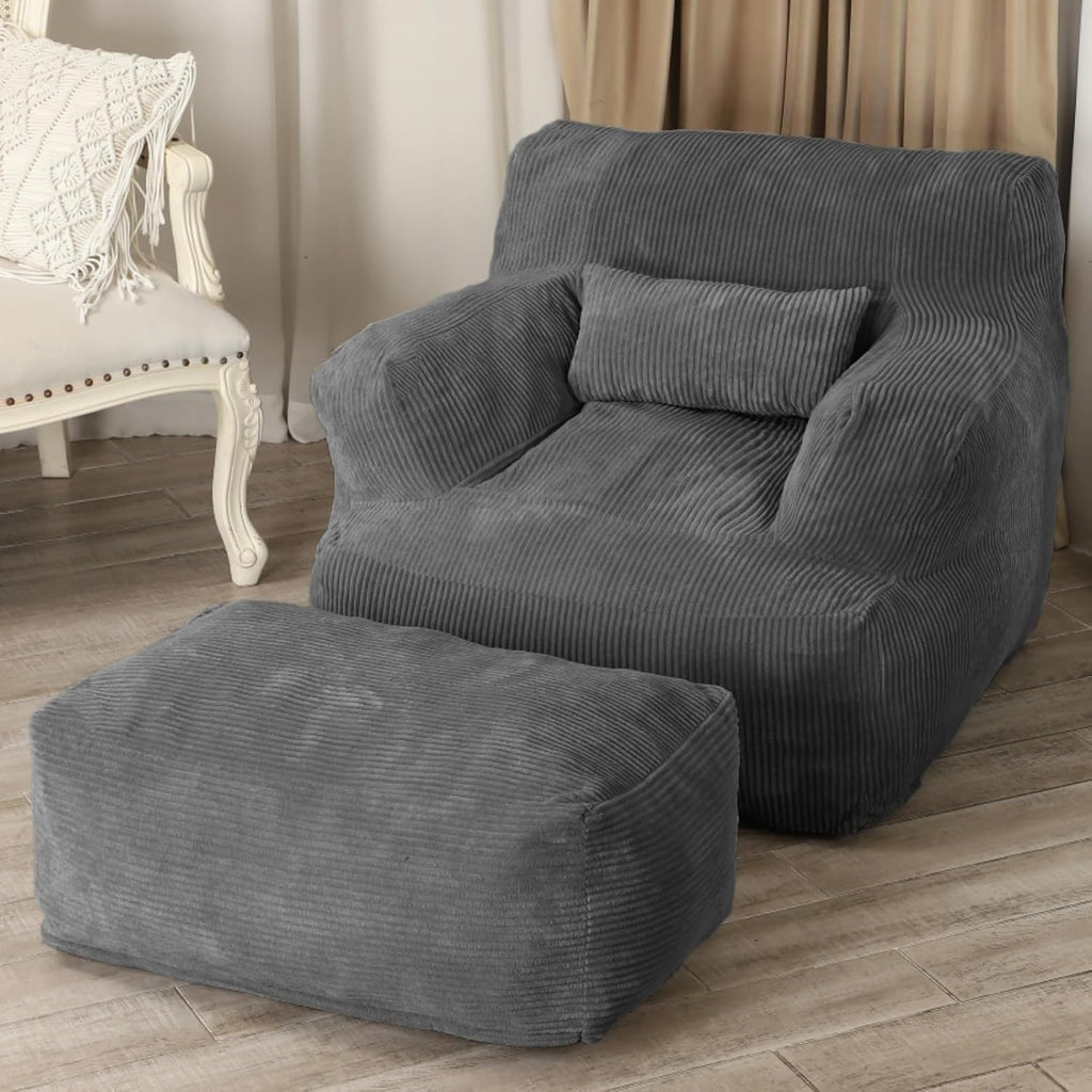 LOVMOC Bean Bag Sofa Chair with Ottoman, Comfy Floor Couch, Oversized Reading Chair for Bedroom, Dorm Room, Living Room, Darkgrey