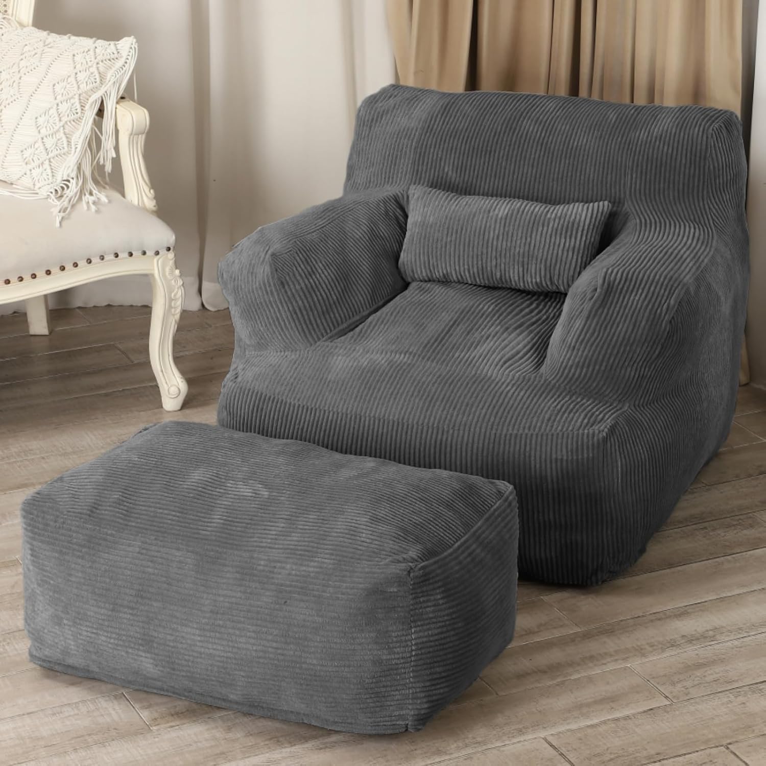 LOVMOC Bean Bag Sofa Chair with Ottoman, Comfy Floor Couch, Oversized Reading Chair for Bedroom, Dorm Room, Living Room, Darkgrey
