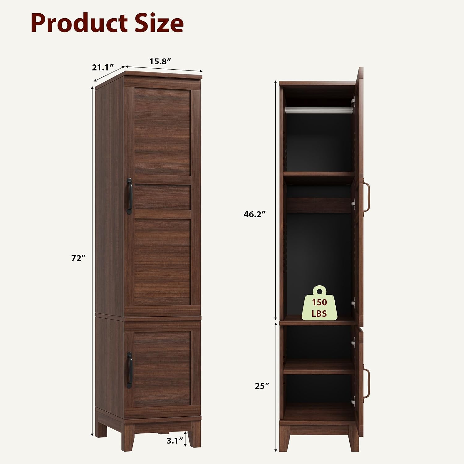 Heavy Duty Wooden Armoire Wardrobe Closet – 2 Doors, 72" Tall, Hanging Rod, 18 Adjustable Shelves, Narrow Bedroom Storage Organizer – Walnut Finish, Brown