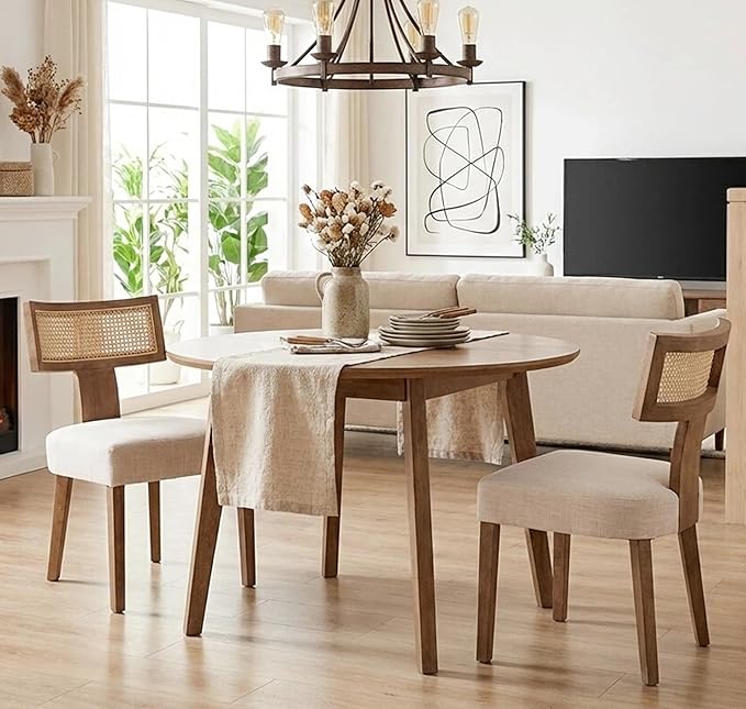 Upholstered Farmhouse Dining Chairs Set of 2 Mid Century Modern Dining Room Chairs Rattan Linen Kitchen Chairs Armless Side Chairs with Wood Frame/Rattan Back for Living Room,Beige