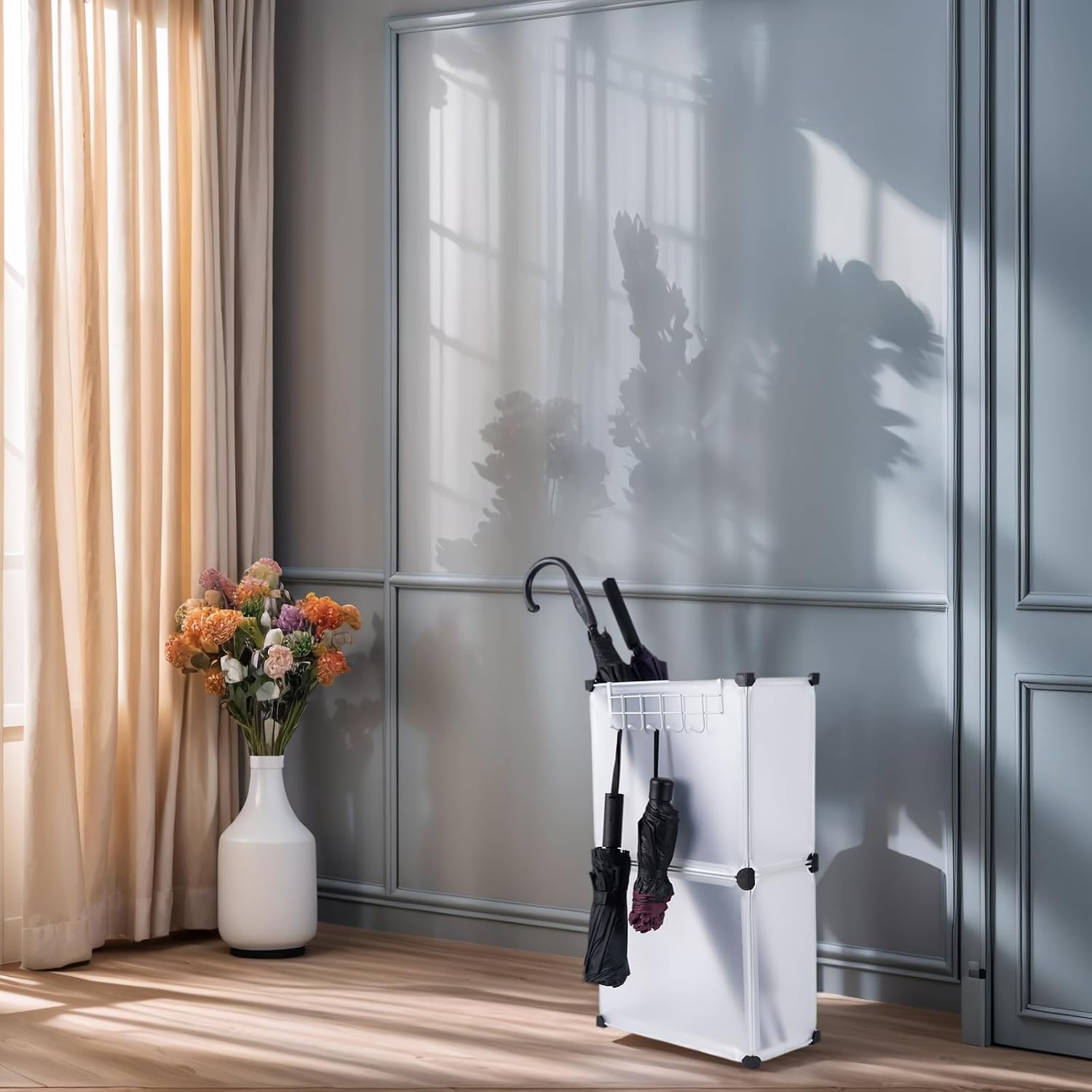 Umbrella Stand, Umbrella Holder for Entryway, 14.3 * 7.4 * 24.4inches,Square umbrella storage rack with built-in drip tray and metal hook,White.