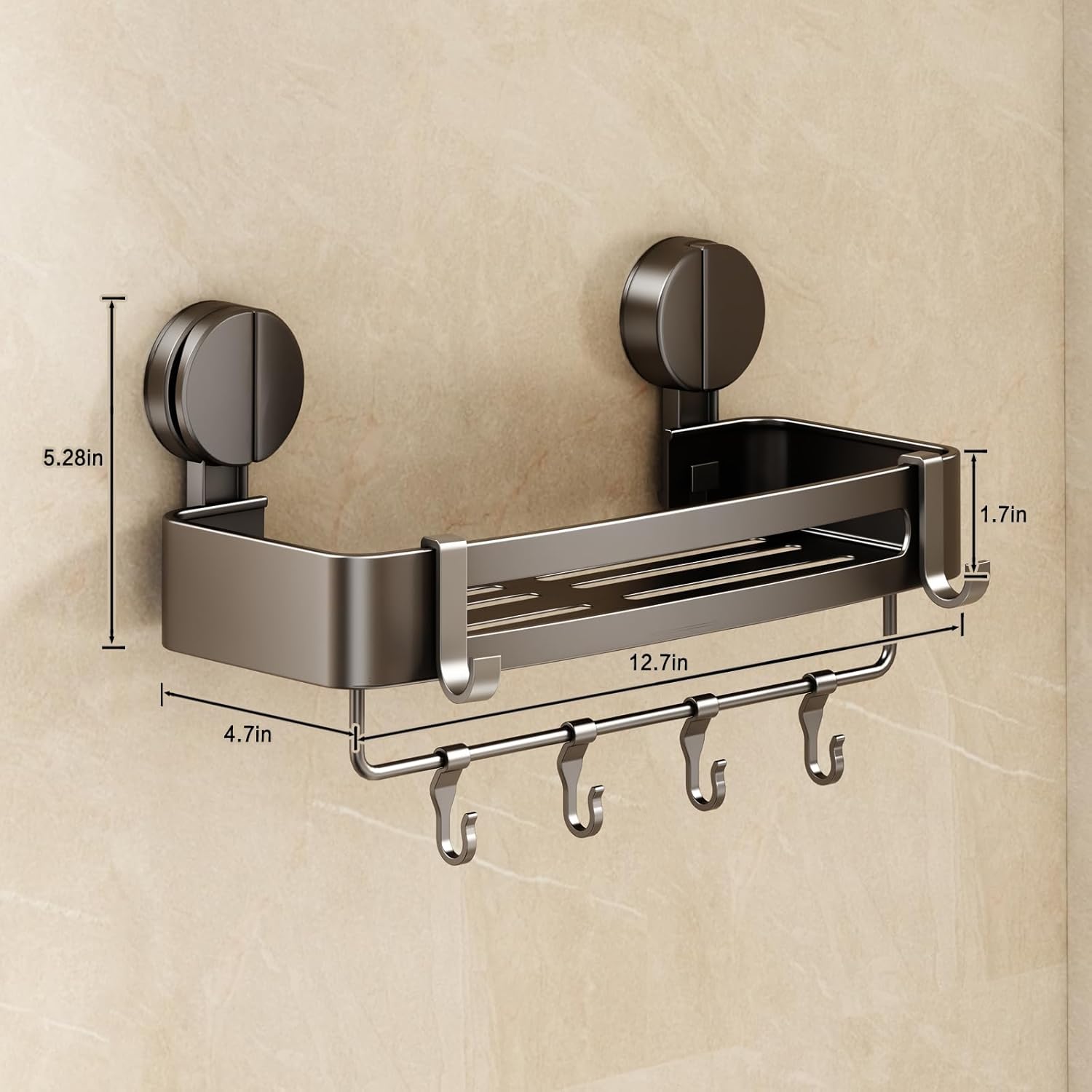 VOLPONE Shower Caddy Suction Cup, 1 Pack Corner Shower Shelves No Drilling, Showers Organizer Storage with Towel Bar & Removable Hooks, Bathroom Shower Shelf Rack for Inside Showers, Square