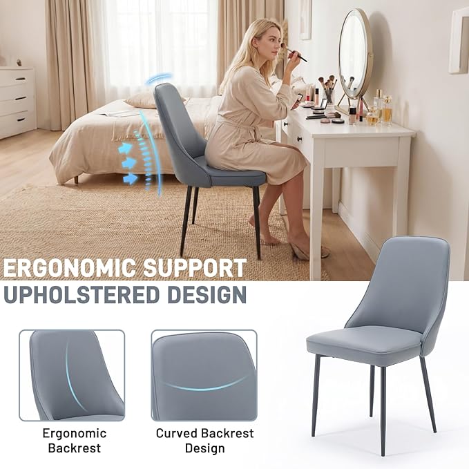 Modern Dining Chairs, Faux Leather Upholstered Dining Room Chair Kitchen Chairs Dinner Side Chair with Curved Back and Metal Legs for Kitchen, Dining Room, Living Room, Grey