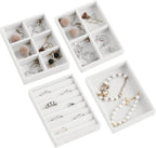 Frebeauty Small Jewelry Tray Set,Stackable Velvet Jewelry Organizer Tray,Mini Jewelry Drawer Organizer,Drawer Inserts,4.92 x 3.74 x 0.9 Inches,Earring Organizer for Women(Set 4,White)