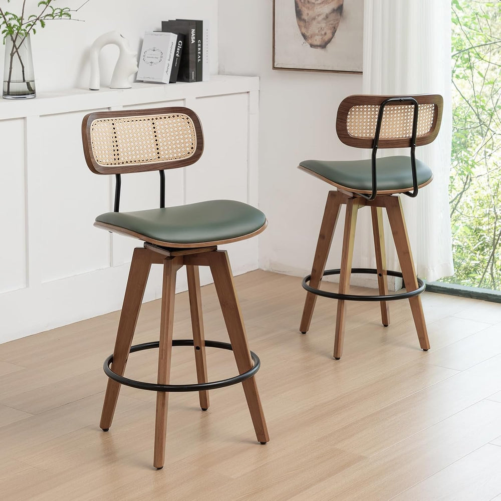 26" Rattan Bar Stools Set of 2, Faux Leather Counter Height Swivel Barst...