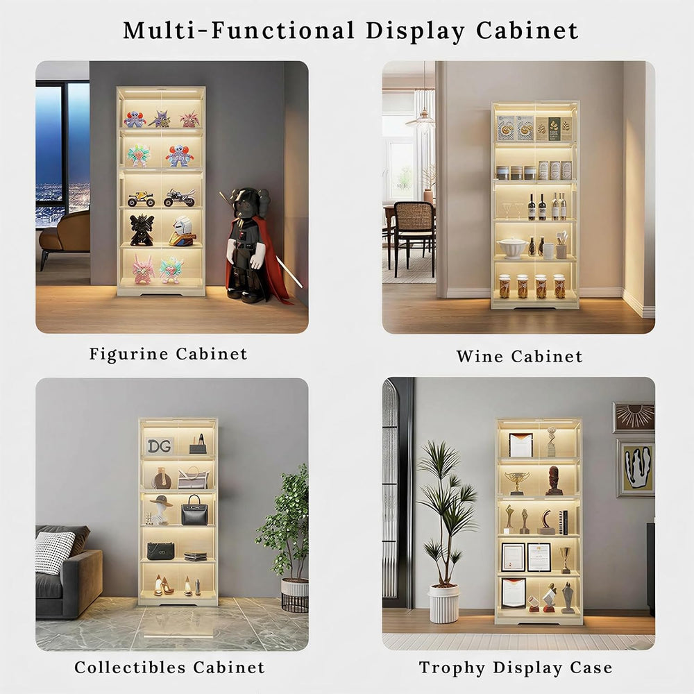 65" Display Cabinet with Glass Doors & LED Lights, Light Wood