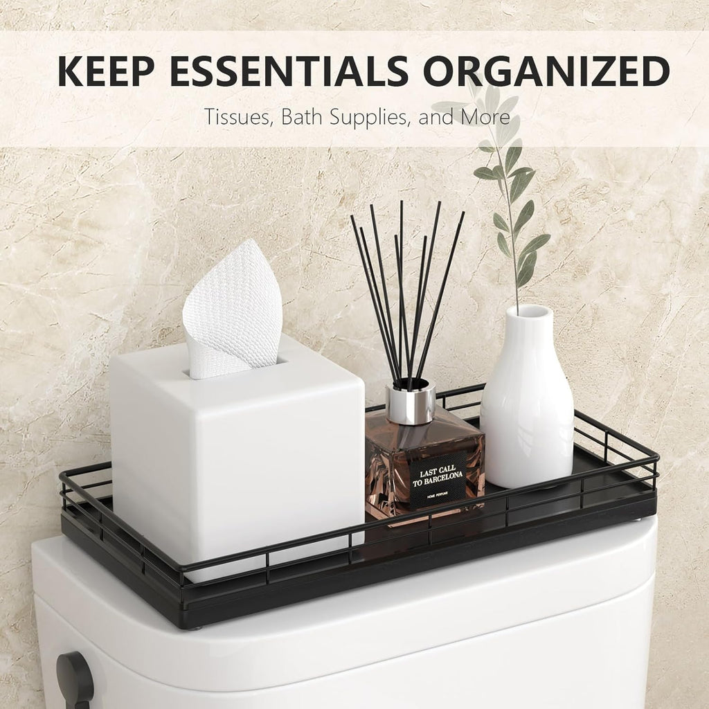 Toilet Paper Basket Organizer – Oak Wood Toilet Tank Tray with Metal Frame, Back of Tank or Top Bathroom Counter Storage – Black Modern Decor