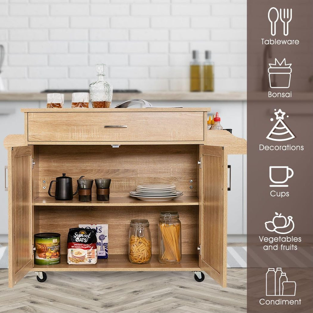 TANGZON Kitchen Island on Wheels, Rolling Storage Trolley with Large Cabinet, Drawer, Adjustable Shelf, Wood Worktop, Spice & Towel Rack, Utility Serving Cart for Dining Living Room (Natural)