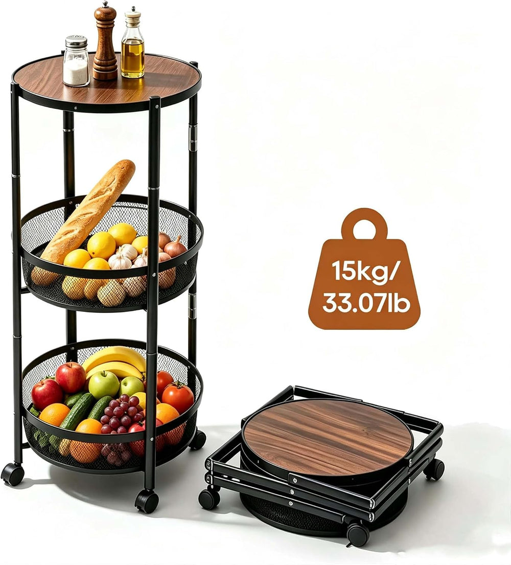 SYO 3-Tier Round Rolling Storage Cart, Foldable Metal Mesh Basket Shelving Un...