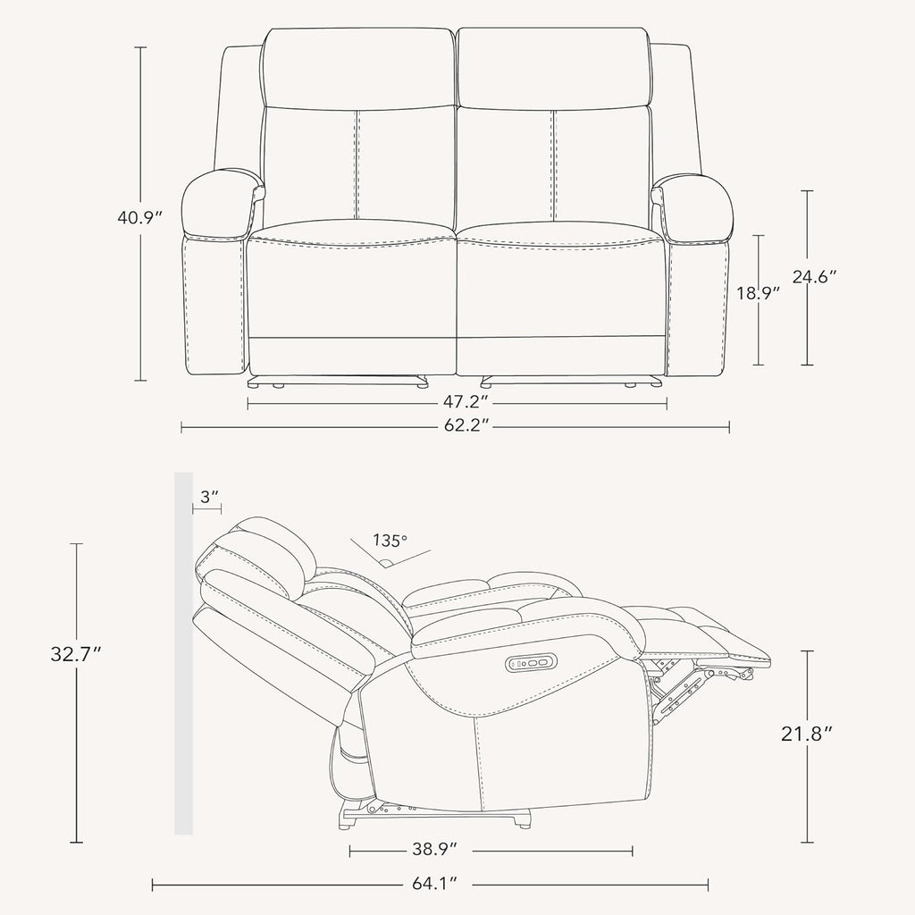 Watson & Whitely Genuine Leather Wall Hugger Power Recliner Loveseat, Brown | 2 Seater Reclining Sofa, Adjustable Power Headrests, USB & Type-C Charging Ports, Dual Recliners, Living Room & RV