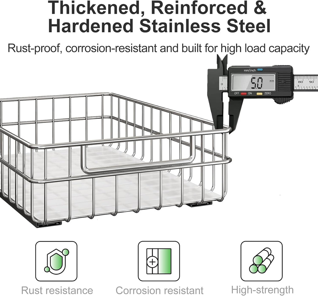 Pull out Cabinet Organizer, Stainless Steel 2-Pack Slide out Drawer with Silent Full-Extension Slides, Adhesive Roll out Can Spice Storage Basket Shelf Rack for Pantry, Kitchen, Bathroom, Home Closet