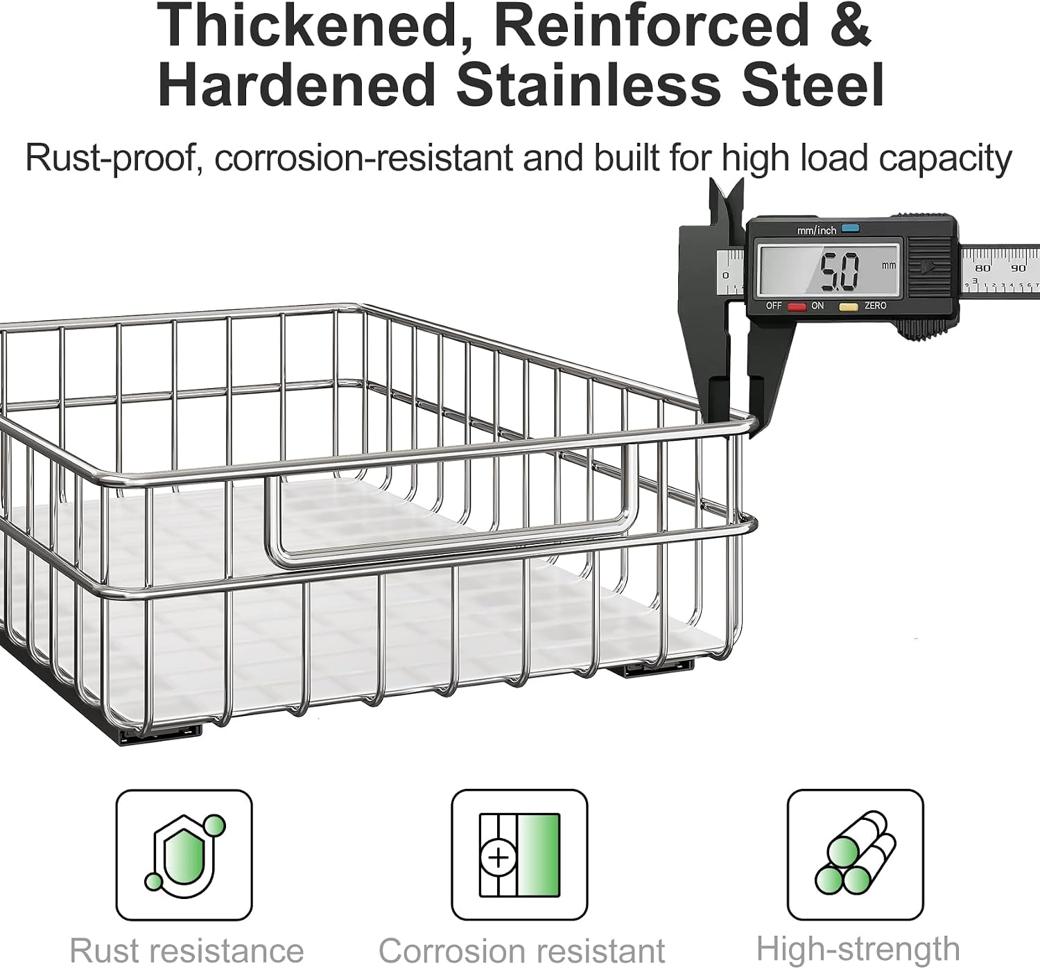 Pull out Cabinet Organizer, Stainless Steel 2-Pack Slide out Drawer with Silent Full-Extension Slides, Adhesive Roll out Can Spice Storage Basket Shelf Rack for Pantry, Kitchen, Bathroom, Home Closet