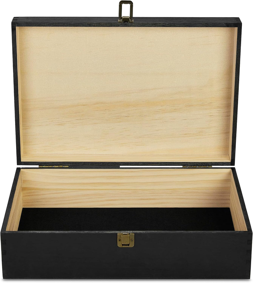makerflo XL Black Pine Wood Memory Box with Black Felt Inside, Hinged with Clasp, Keepsake Wooden Box Ideal for Craft and Personalization (Laser Engraving, Epoxy, UV DTF, and Vinyl) – Pack of 12
