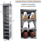 Large-Sized Hanging Shoe Organizer 10-Shelf, Sturdy Hanging Closet Organizer with 8 Side Pockets, Wider Hanging Shelves for Storage Shoes Clothes Jeans Shirts Toys, Grey