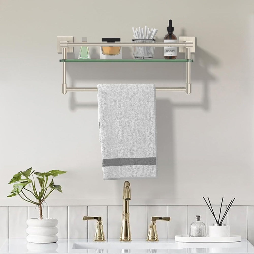 16-Inch Modern Glass Shelf with Towel Bar, 1-Shelf, Brushed Nickel Finish, Wa...