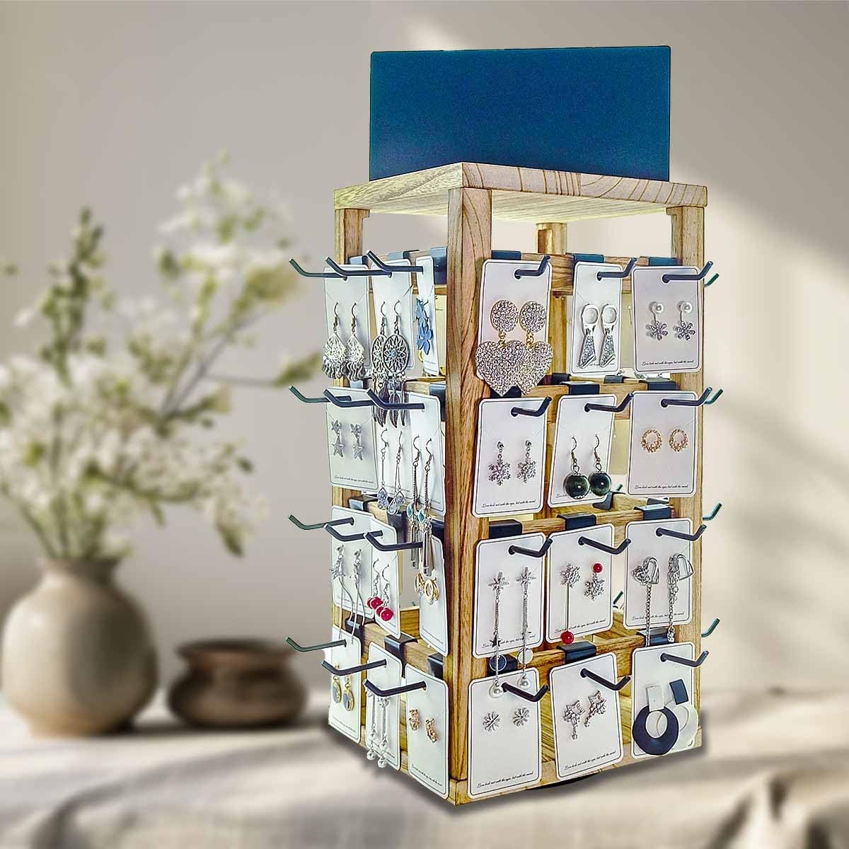 Wooden rotating Jewelry Display Stand with Removable 48 Hooks advertising board, For Earring Cards necklace bracelet Keychain Jewelry Organizer For Selling For vendor events (brown)