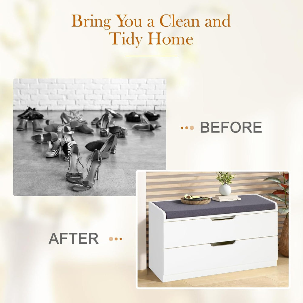 MFSTUDIO Large Shoe Storage Bench, White Wood Shoe Entryway Bench with Seatin...
