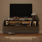 55" Floating TV Stand with Power Outlet for TVs up to 65", Fluted Entertainment Center with Remote Control for LED Lights, Mid-Century Modern TV Console w/Sliding Door for Living Room, Bedroom Black