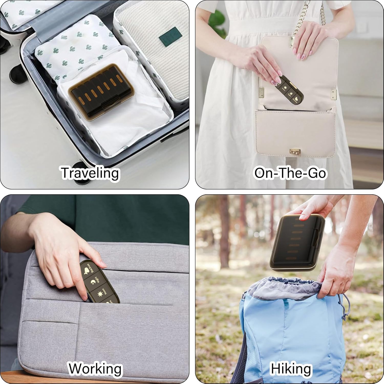 Weekly Pill Organizer 4 Times a Day, 7 Day Pill Box 4X, Portable for Travel Pill Case for Pills/Vitamin/Fish Oil/Medication/Supplements (4x7 Brown)