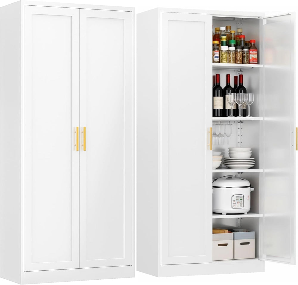 71" Tall Kitchen Pantry Cabinet, White Metal Kitchen Pantry Storage Cabi...