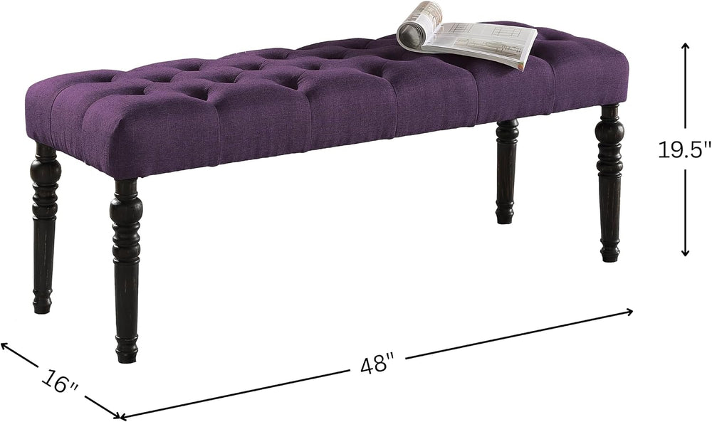 Roundhill Furniture Leviton Fabric Tufted Turned Leg Dining Bench, Purple