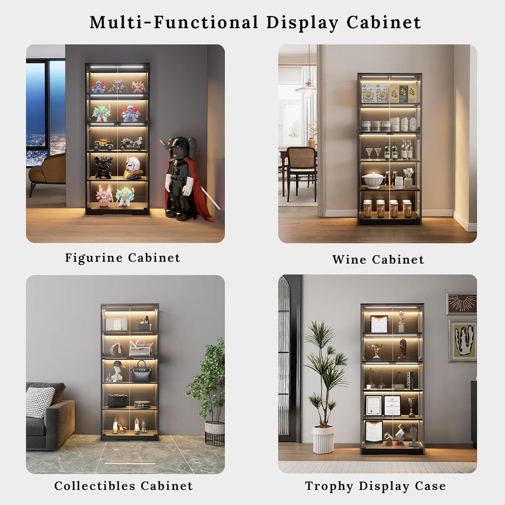 Display Cabinet with Glass Doors, 5-Tier 65" Glass Display Cabinet with ...