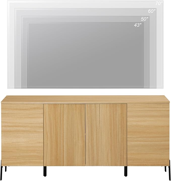 WAMPAT 61.6" TV Stand Cabinets for TVs up to 70 Inches, Entertainment Center with Storage Cabinets and 4 Doors, Mid Century Modern Media TV Console Table for Living Room Bedroom, Oak