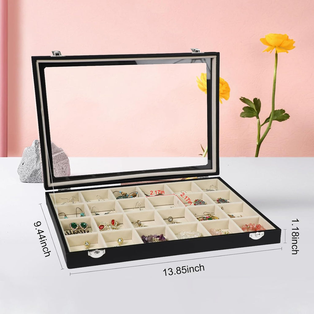 Stratalife Jewelry Tray 24 Grid Earring Organizer with Clear Lid Jewelry Holder Organizer Jewelry Organizer Box Jewelry Storage Crystal Holder For Stones Display (Beige Black)