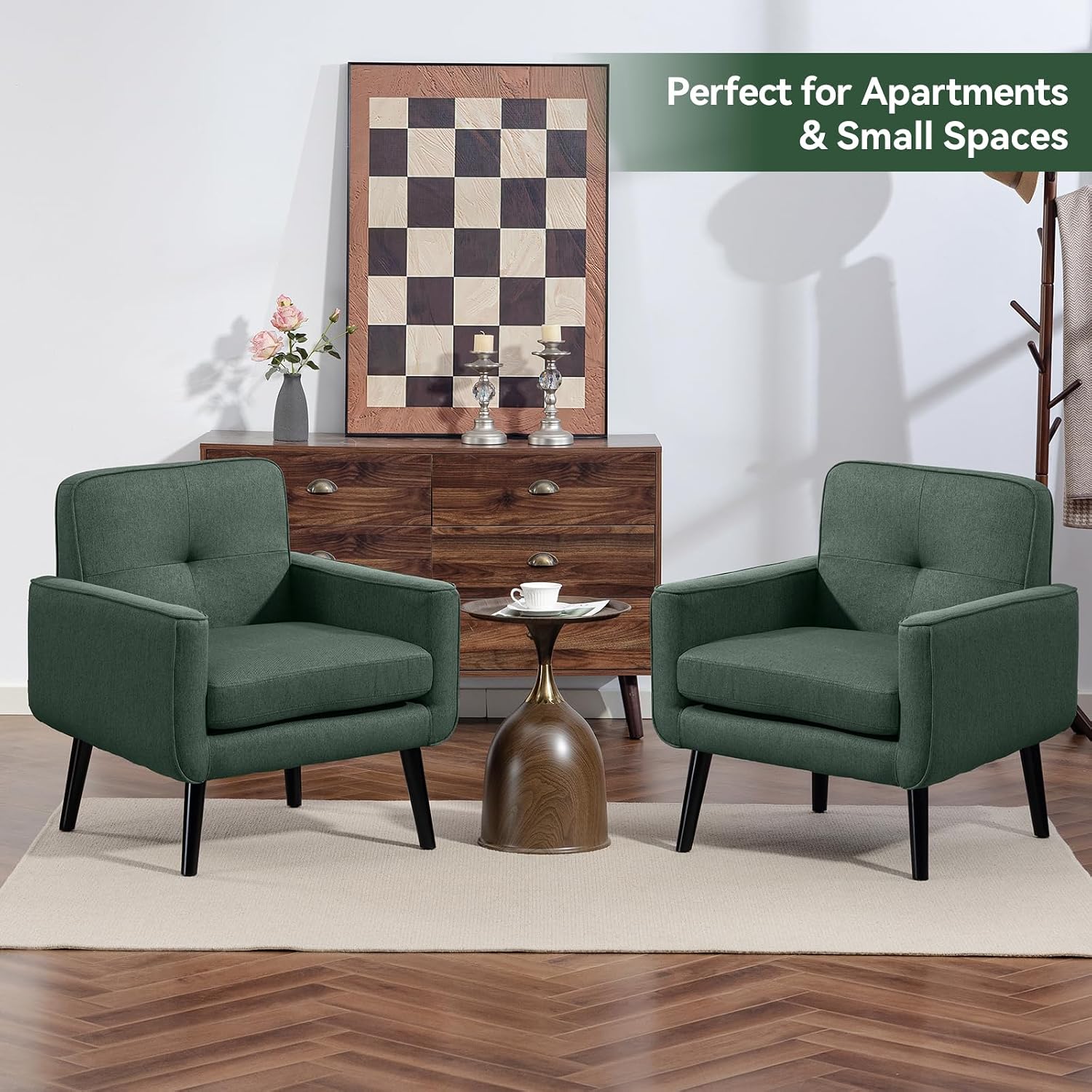 Mid Century Modern Accent Chair, Fabric Reading Armchair, Green | 300LBS Capacity, Padded Seat, Stain-Resistant Fabric, Sturdy Wood Frame, Easy Assembly, Ideal for Living Room & Bedroom
