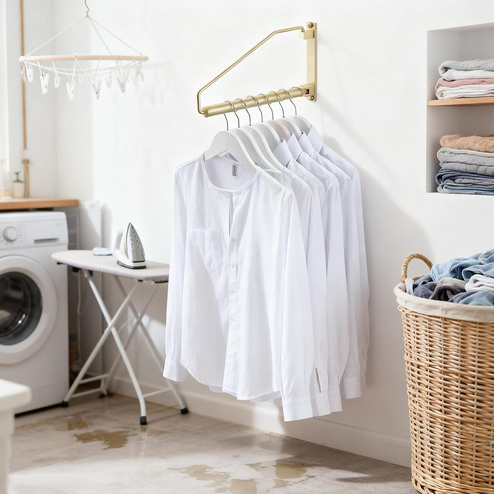 NEWRAIN Folding Wall Mounted Clothes Hanger Rack Clothes Hook Solid Brass wit...