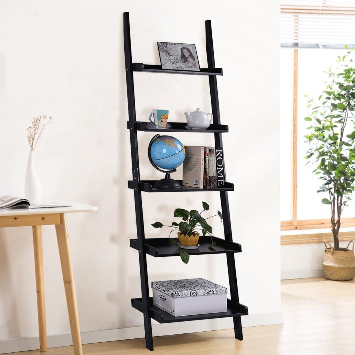 Tangkula Ladder Bookcase 5-Tier Wood Leaning Shelf Wall Plant Stand for Home Office Modern Flower Book Display Shelf Storage Rack Stable A-Frame Wooden Ladder Shelf (Black)