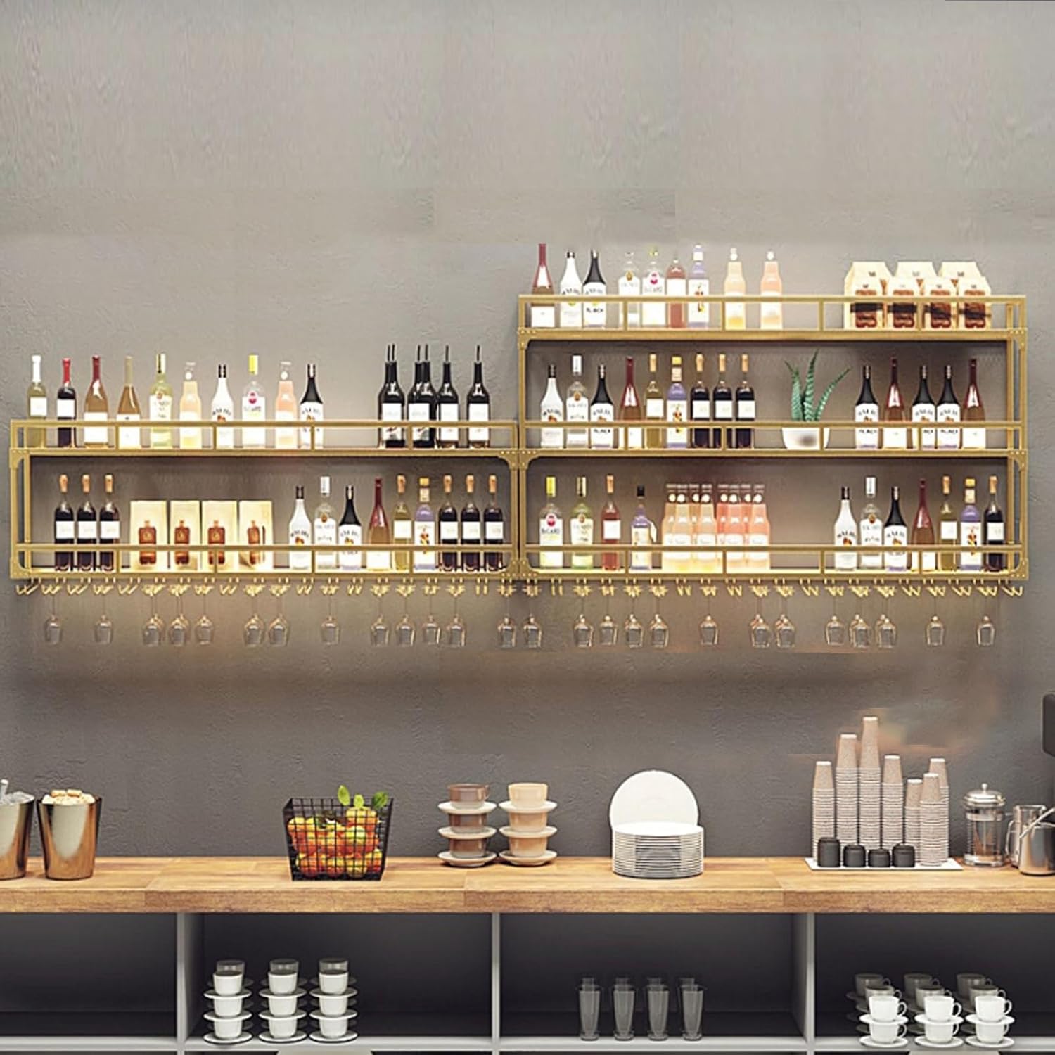 59in Wall Mounted Wine Rack, Wine Rack Wall Mounted With Wine Glass Rack, Metal Bar Bottle Display Shelf Wine Cups Hanging Holder, For Home Bar Cafe Dining Room Decoration (GOLD, 59*10*35.5IN)