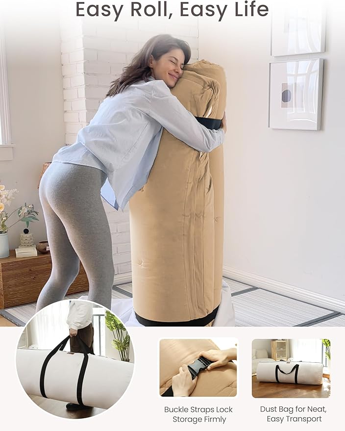 ZonLi Japanese Floor Futon Mattress Full Size 54"x 80",100% Cotton Cover 4'' Thicken Tatami Mattress,Foldable Sleeping Pad,Portable Dormitory Tatami Mat,Roll Up Floor Lounger Bed for Adult (Khaki)