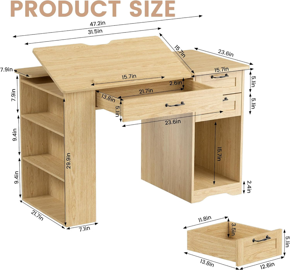 Drafting Table with Storage Cabinet & Drawers, Adjustable Drawing Desk wi...