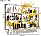 Large Wall Mount Wine Rack, Metal 4 Tier Large Capacity Hanging Bar Rack with Wine Glass Holder, Oval Wine Bottle Storage Display Rack for Kitchen, Living Room, Home (Gold, 160cm/63in)